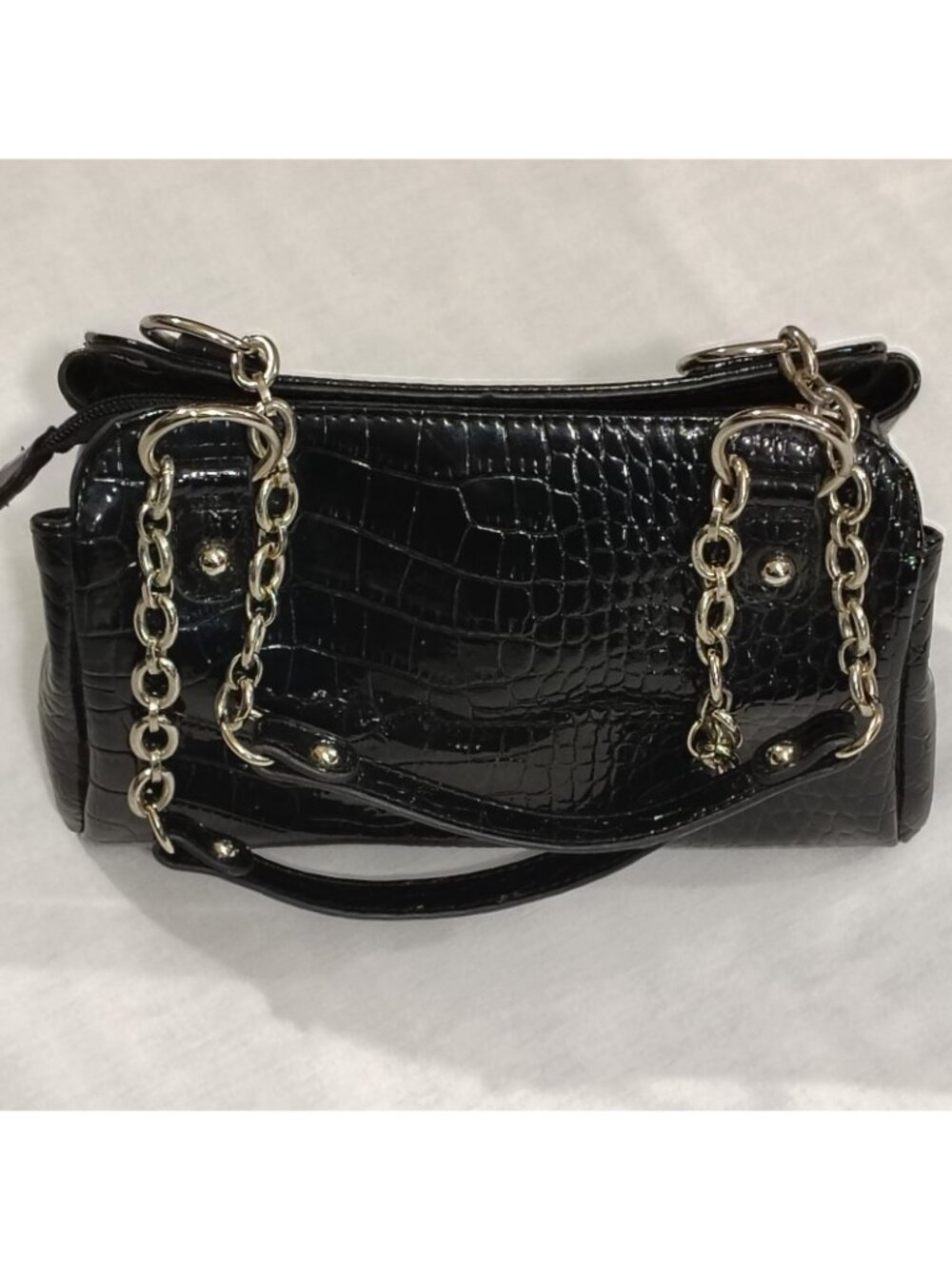 Liz Claiborne Handbag Purse Black 9"x6" Faux Croc Leather Shiny Pockets Chain - Picture 2 of 16